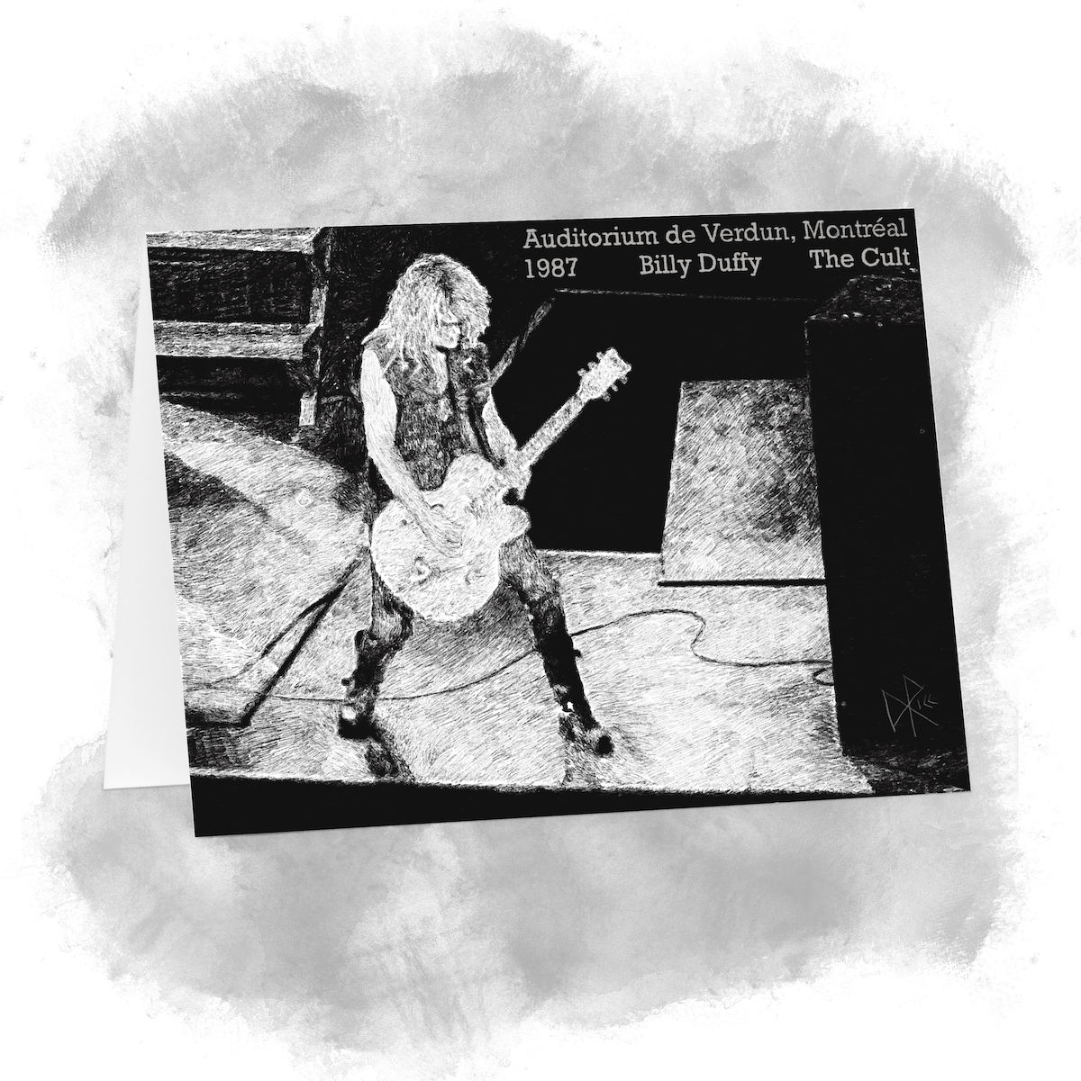 Billy Duffy stands on a stage during a concert, playing his Gretsch guitar. Sketch art by Don Rice.