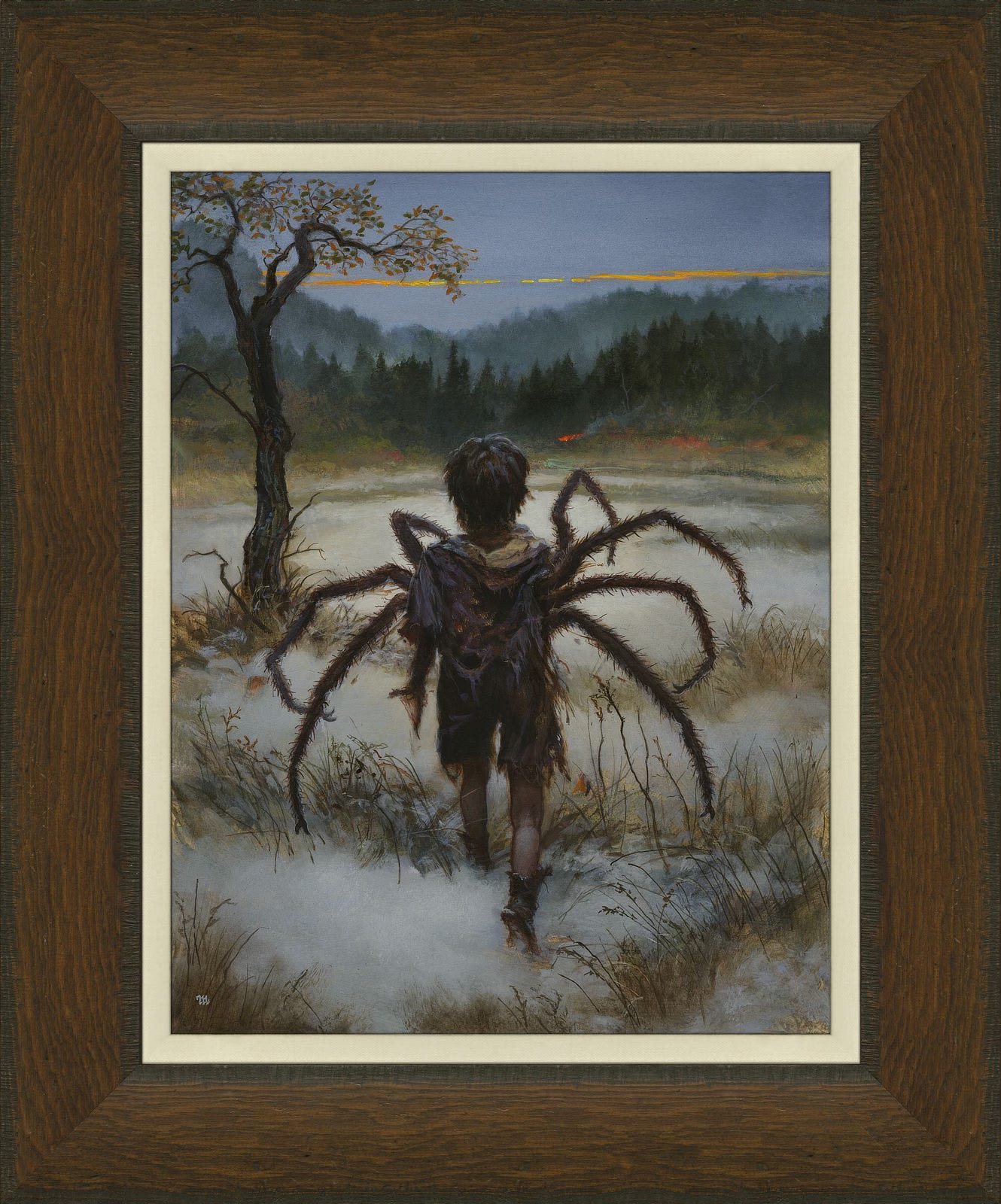 COLD AND ALONE (2025), Acrylic on Illustration Board - 13” x 10”. Original art framed in wood moulding with linen liner. Viewed from behind, Mordred is caught in transformation between spider and boy. Browning vegetation forms lines in the snow that extend around a single tree with thinning leaves. His clothes are in tatters, exposing his bare legs to the elements as he crosses tundra. A blaze of orange holds his attention, signifying a campfire at the edge of the tree line in the distance. Seven hairy spider limbs extend from his torso with his left arm forming a stub as it becomes the eighth. COLD AND ALONE (2025), Acrylic on Illustration Board - 13” x 10”. Original art framed in wood moulding with linen liner. Viewed from behind, Mordred is caught in transformation between spider and boy. Browning vegetation forms lines in the snow that extend around a single tree with thinning leaves. His clothes are in tatters, exposing his bare legs to the elements as he crosses tundra. A blaze of orange holds his attention, signifying a campfire at the edge of the tree line in the distance. Seven hairy spider limbs extend from his torso with his left arm forming a stub as it becomes the eighth.