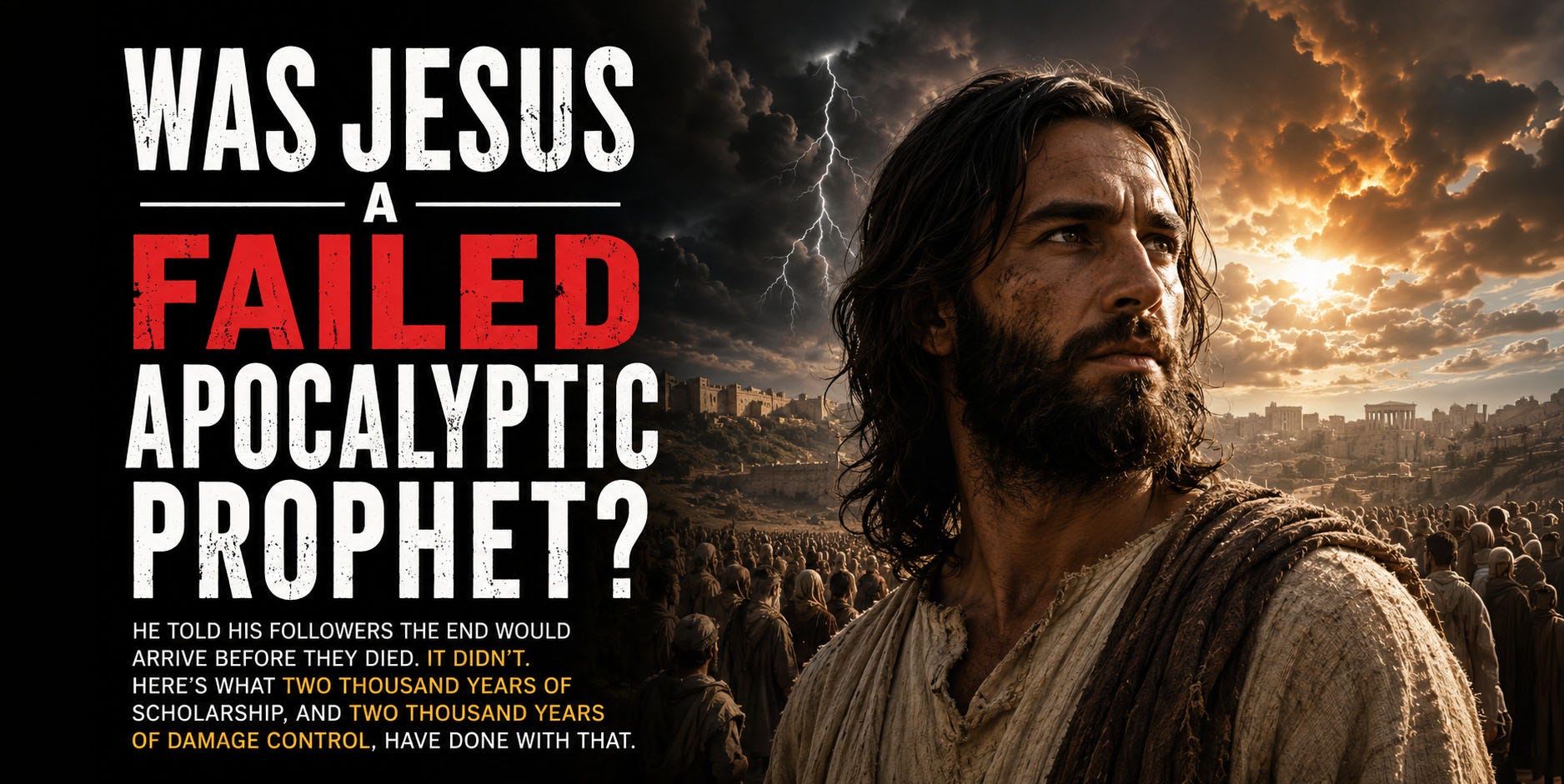 a Jesus-like first-century Jewish preacher standing before a crowd under dark storm clouds and flashes of lightning. The sky is split between ominous darkness and glowing golden light over an ancient city. Large distressed text reads, “Was Jesus a Failed Apocalyptic Prophet?” with a subtitle referencing his prediction that the end would come within his followers’ lifetimes. The image evokes themes of prophecy, judgment, failed expectations, and historical debate about Jesus’ apocalyptic message. a Jesus-like first-century Jewish preacher standing before a crowd under dark storm clouds and flashes of lightning. The sky is split between ominous darkness and glowing golden light over an ancient city. Large distressed text reads, “Was Jesus a Failed Apocalyptic Prophet?” with a subtitle referencing his prediction that the end would come within his followers’ lifetimes. The image evokes themes of prophecy, judgment, failed expectations, and historical debate about Jesus’ apocalyptic message.