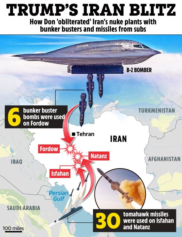 Illustration of a map showing the locations of Iranian nuclear facilities targeted with bunker buster bombs and Tomahawk missiles.