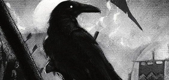 This may contain: a black bird sitting on top of a pile of rubble next to a full moon