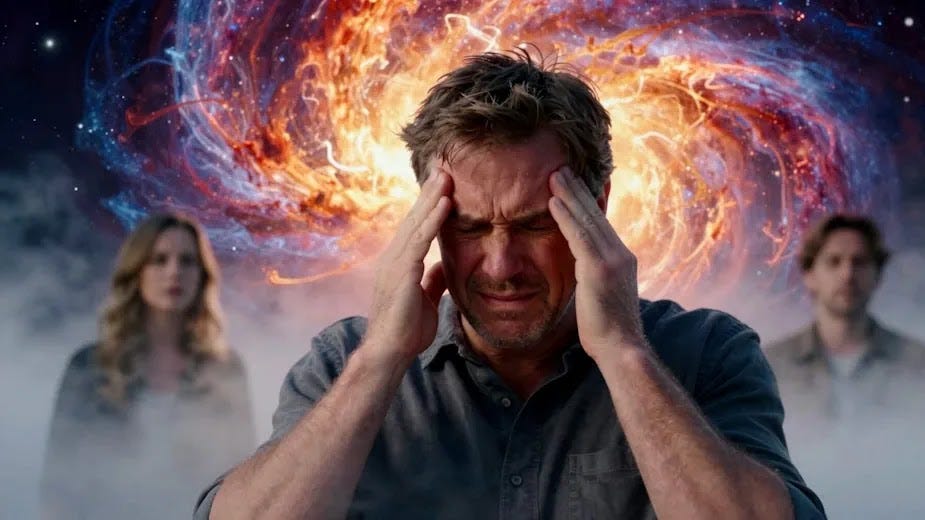 Stress triggers the release of cortisol A middle-aged man shows signs of deep stress holding his hands up to temples and grimacing as in pain. In the background in vibrant the Universe explodes.