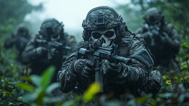 a skeleton delta force operator carrying a Mk18 with suppressor, other skeleton operators behind him finding enemies, midnightcore pastel kiragam, tarot card, in amazon forest, they are facing gunfigh