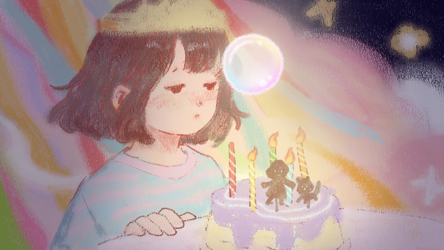 Anxiety Puppy Review: A girl is blowing out candles on her 5th birthday cake. 