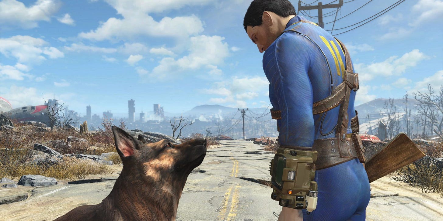A beautiful dog looks up at a vault dweller in the Fallout universe