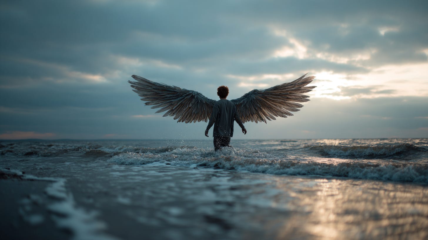 a boy wearing patched wings climbing from the ocean