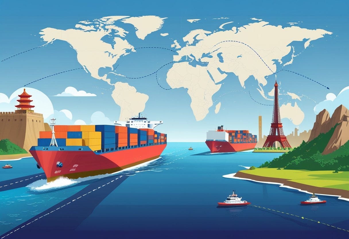A cargo ship carrying containers sailing across the ocean with a map showing a shipping route from China to the USA and landmarks from both countries in the background. A cargo ship carrying containers sailing across the ocean with a map showing a shipping route from China to the USA and landmarks from both countries in the background.