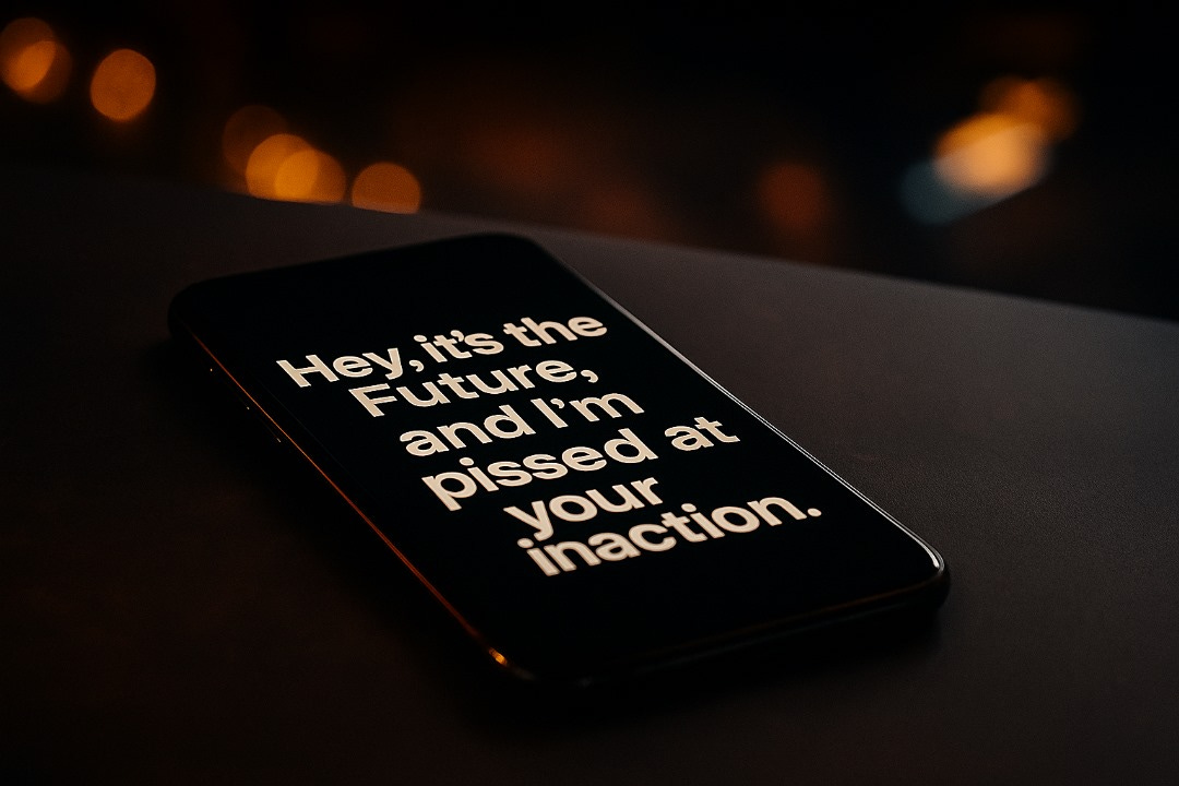 A glowing smartphone in a dark room displaying fragmented, urgent text messages suggesting a cryptic warning from the future that the overnight success lie holds you back.