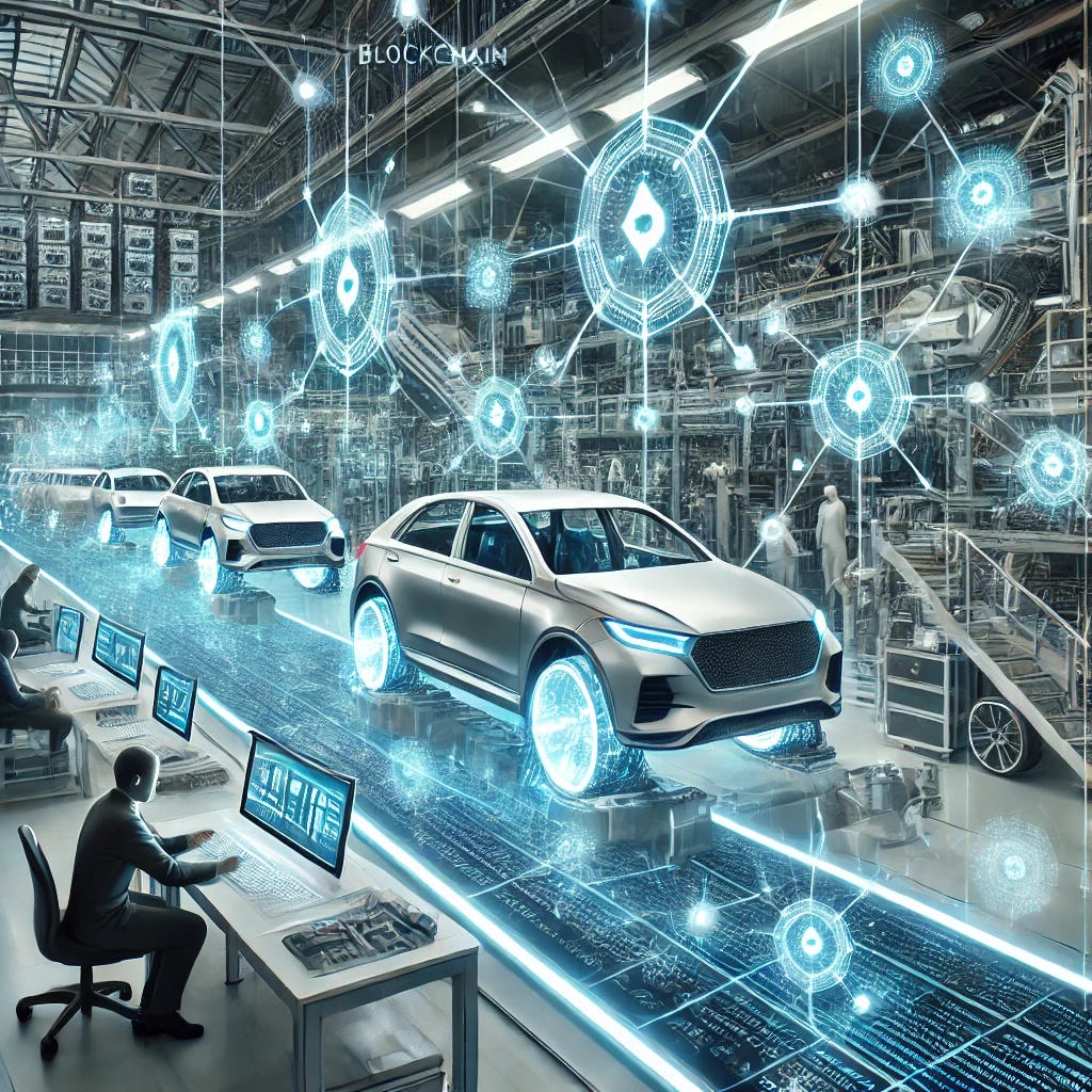 A futuristic automotive scene highlighting blockchain technology integration. The image shows a modern car assembly line in a high-tech factory, with digital blockchain nodes and interconnected networks represented as glowing blue lines overlaying the supply chain. Factory workers are analyzing transparent digital screens displaying blockchain data. In the background, consumers are interacting with touchscreens in an automotive showroom, showing enhanced customer experience through blockchain. The overall atmosphere is sleek, modern, and emphasizes transparency and technology, with a focus on cars, networks, and interconnected data flows.