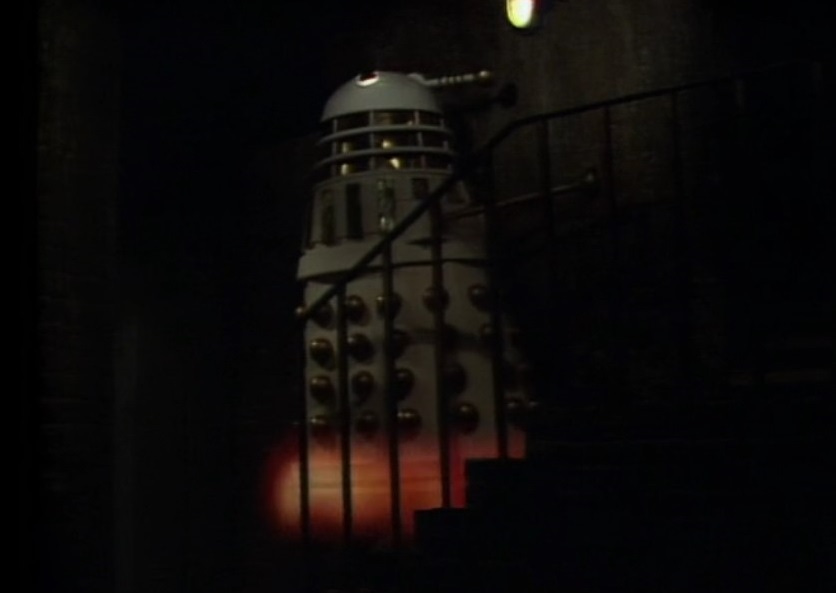 A Dalek hovering up some stairs in Remembrance of the Daleks (1988)