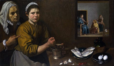 Two manuscript paintings of St. Martha; and a Renaissance painting of a maid with a Scriptural scene on the right of the image