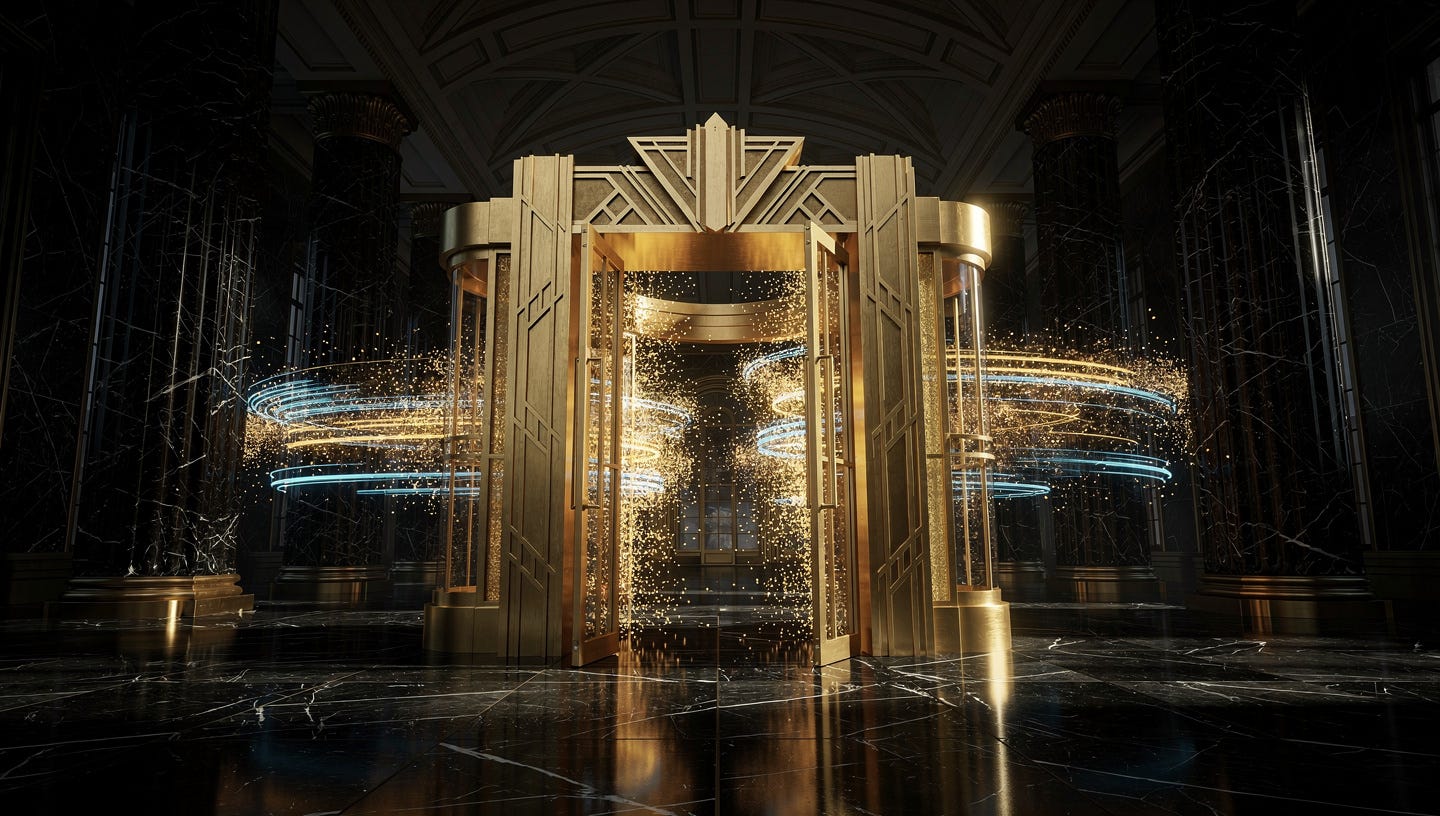 Hyperrealistic editorial photograph of an imposing monumental golden turnstile gate, financial art-deco style, standing at the center of a dark marble lobby evoking a classic stock exchange hall. A continuous river of glowing golden and electric-blue light particles flows through the turnstile, as if representing money or market data in constant motion, casting warm reflections across the space. Tall veined black marble columns on either side, vaulted ceiling fading into shadow. Cinematic side lighting, dramatic contrast, shallow depth of field. No text, no people, no logos. High-end business magazine editorial aesthetic, premium commercial photography. Hyperrealistic editorial photograph of an imposing monumental golden turnstile gate, financial art-deco style, standing at the center of a dark marble lobby evoking a classic stock exchange hall. A continuous river of glowing golden and electric-blue light particles flows through the turnstile, as if representing money or market data in constant motion, casting warm reflections across the space. Tall veined black marble columns on either side, vaulted ceiling fading into shadow. Cinematic side lighting, dramatic contrast, shallow depth of field. No text, no people, no logos. High-end business magazine editorial aesthetic, premium commercial photography.