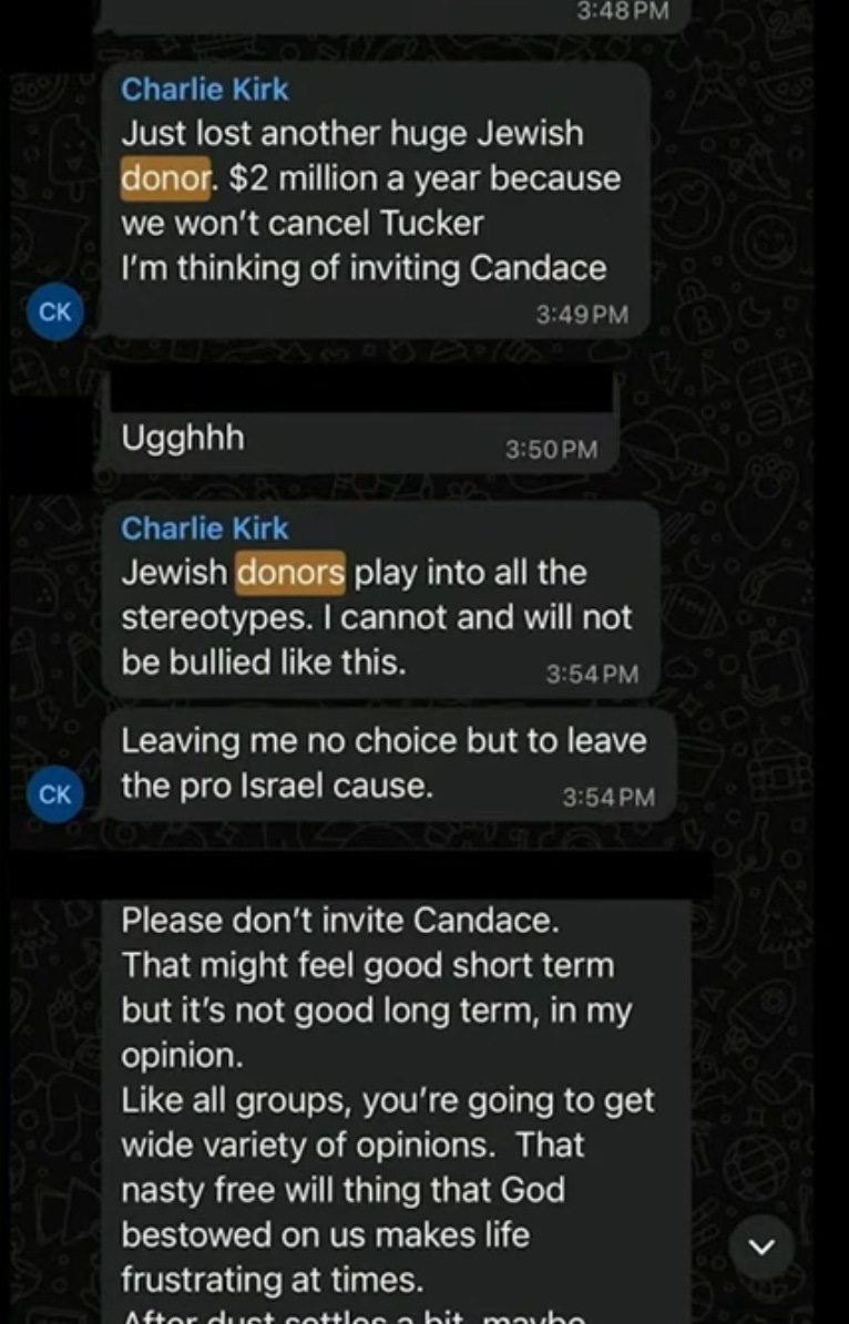 Screenshot from Candace Owens’ YouTube episode released on October 6, 2025, featuring leaked group messages obtained from an unidentified source allegedly linked to Kirk’s inner circle.