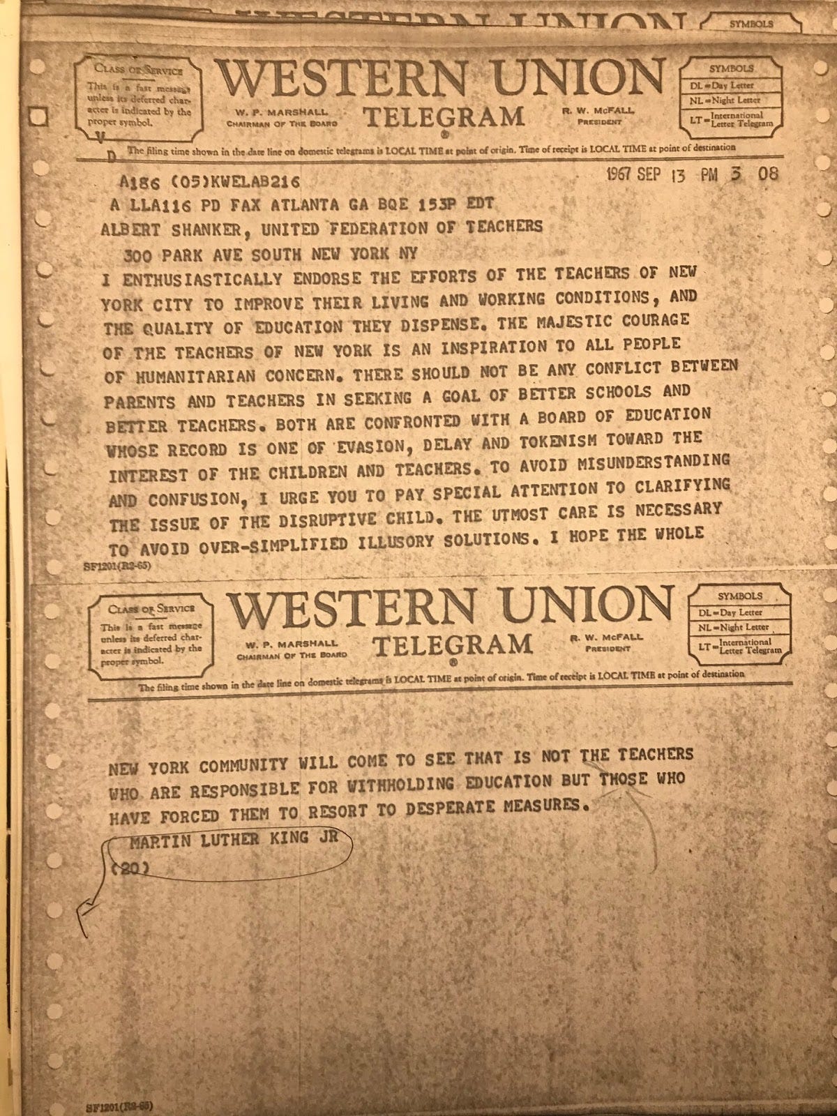 A scanned copy of the telegram from Dr. King to UFT President Albert Shanker, declaring King's support for the strike while urging the union to clarify its demand for a "disruptive child" removal clause in the contract. A scanned copy of the telegram from Dr. King to UFT President Albert Shanker, declaring King's support for the strike while urging the union to clarify its demand for a "disruptive child" removal clause in the contract.