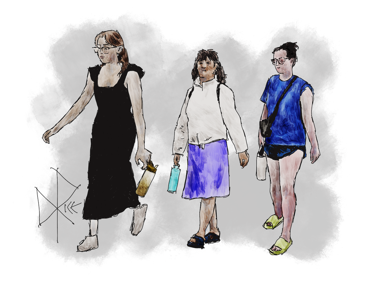 Three women walking, each of them holding a water bottle. Sketch art by Don Rice.