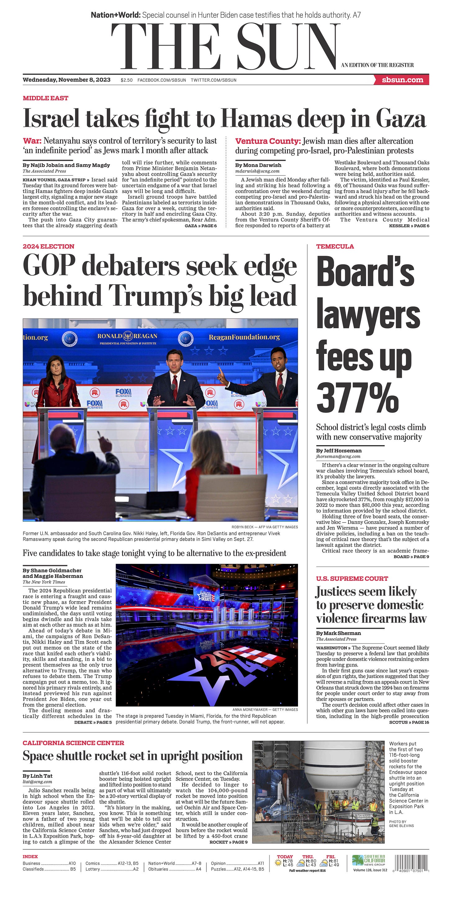 Front page of The San Bernardino Sun for Wednesday, November 8, 2023.