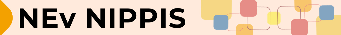 Descrição da imagem: barra de separação da seção com fundo bege e letras pretas. No canto esquerdo, um meio círculo na cor amarela, seguido pelo nome da seção e pela repetição da logo do NEv NIPPIS, que é formado por sete losangos de tamanhos diferentes, interseccionados, coloridos, em tons de amarelo, vermelho, azul e laranja, sendo dois deles vazados, apenas com a linha de borda.