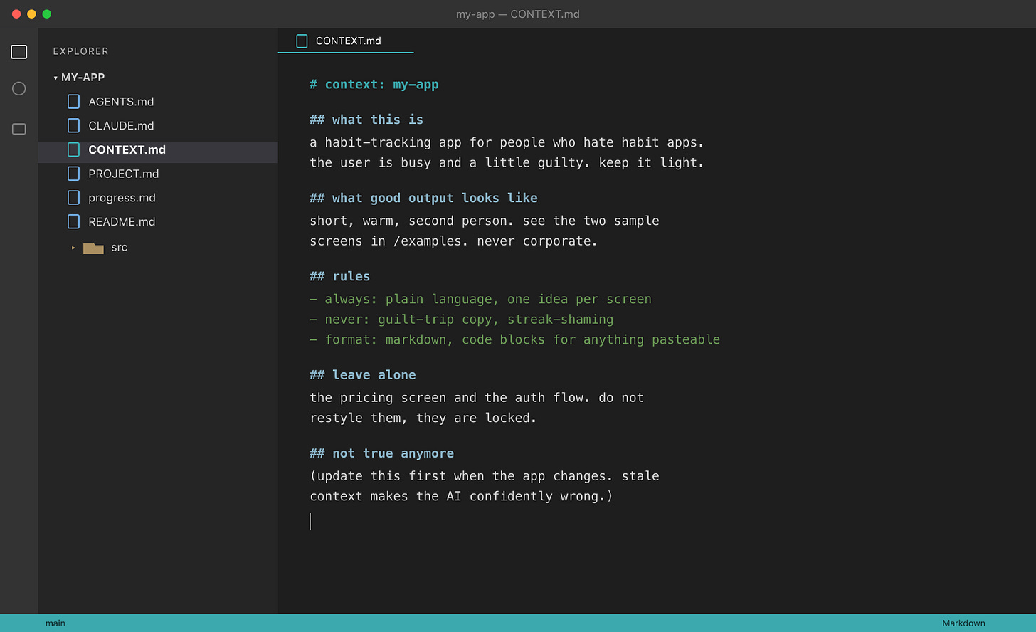 A code editor showing the context files at a project root: AGENTS.md, CLAUDE.md, CONTEXT.md, PROJECT.md, progress.md, README.md, with CONTEXT.md open and filled in.