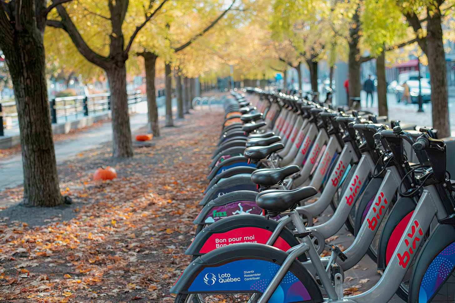 Autumn City Bike Share in Montreal Park Setting