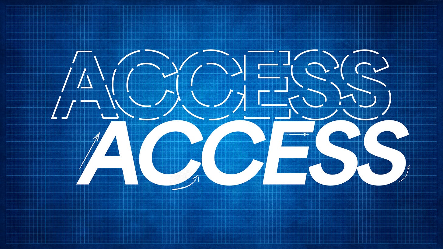 Against a blue background with faint gridlines that look like the canvas for a technical drawing, ACCESS / ACCESS. One ACCESS is a dotted outline, the other is in large all-caps, solid white text with arrows flanking some of the letters suggesting future edits or movement.