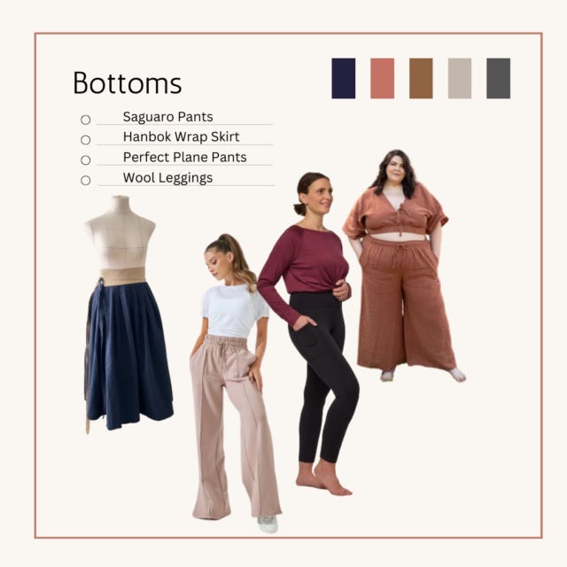 Graphic showing four different bottoms in a travel capsule wardrobe Graphic showing four different bottoms in a travel capsule wardrobe