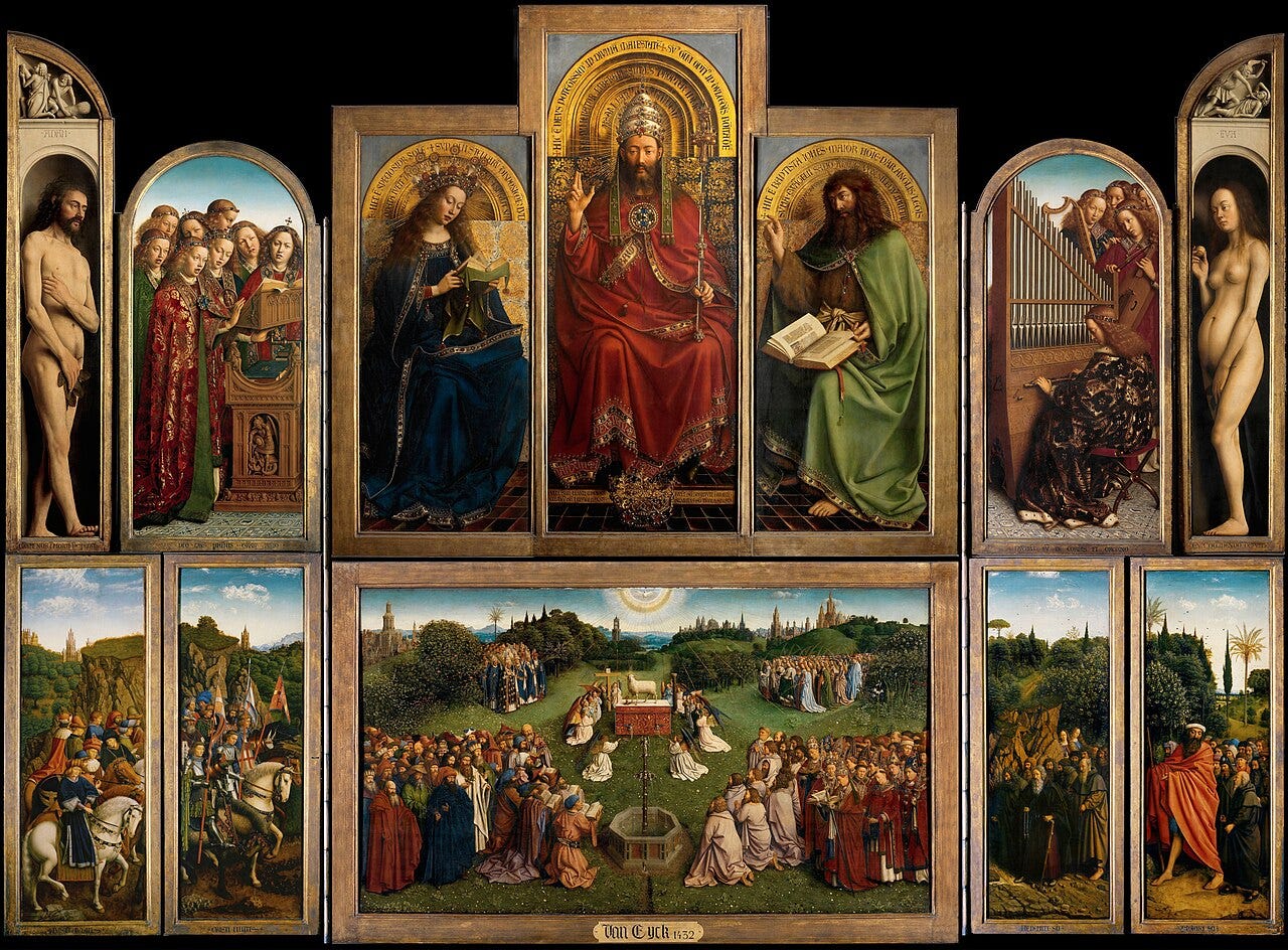 Van Eyck's Ghent Altarpiece with its hinged panels of saints and angels Van Eyck's Ghent Altarpiece with its hinged panels of saints and angels