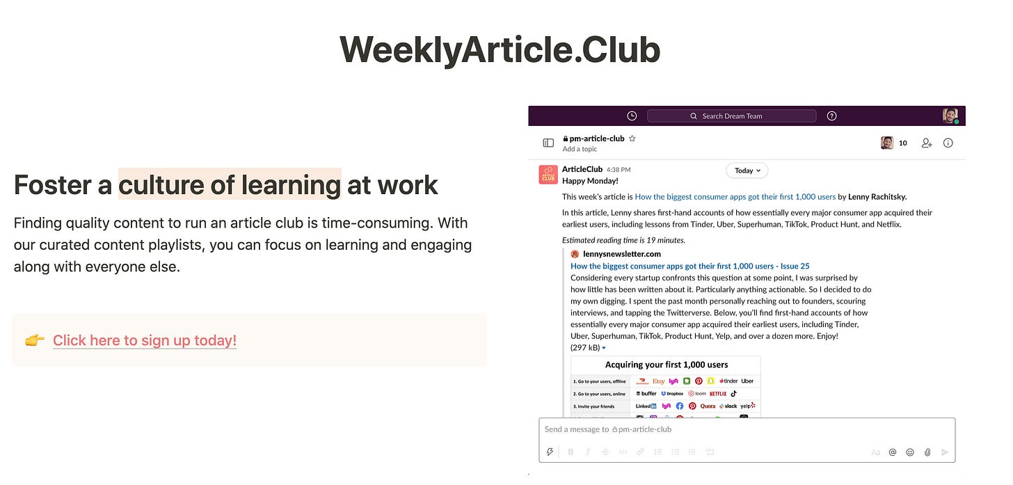 Screenshot of the landing page of WeeklyArticle.Club on Notion Screenshot of the landing page of WeeklyArticle.Club on Notion