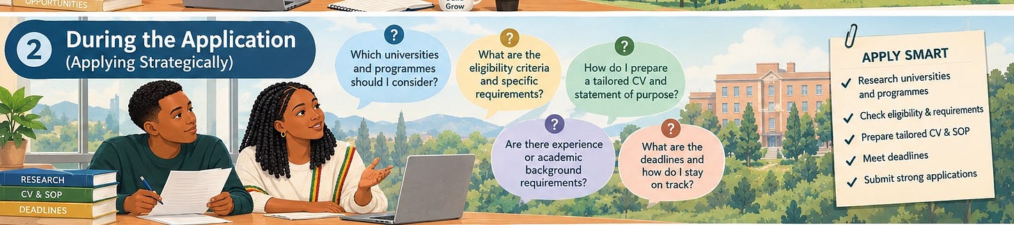 Two students working on grad school applications, with a checklist: research programs, check eligibility, tailor CV and SOP, meet deadlines