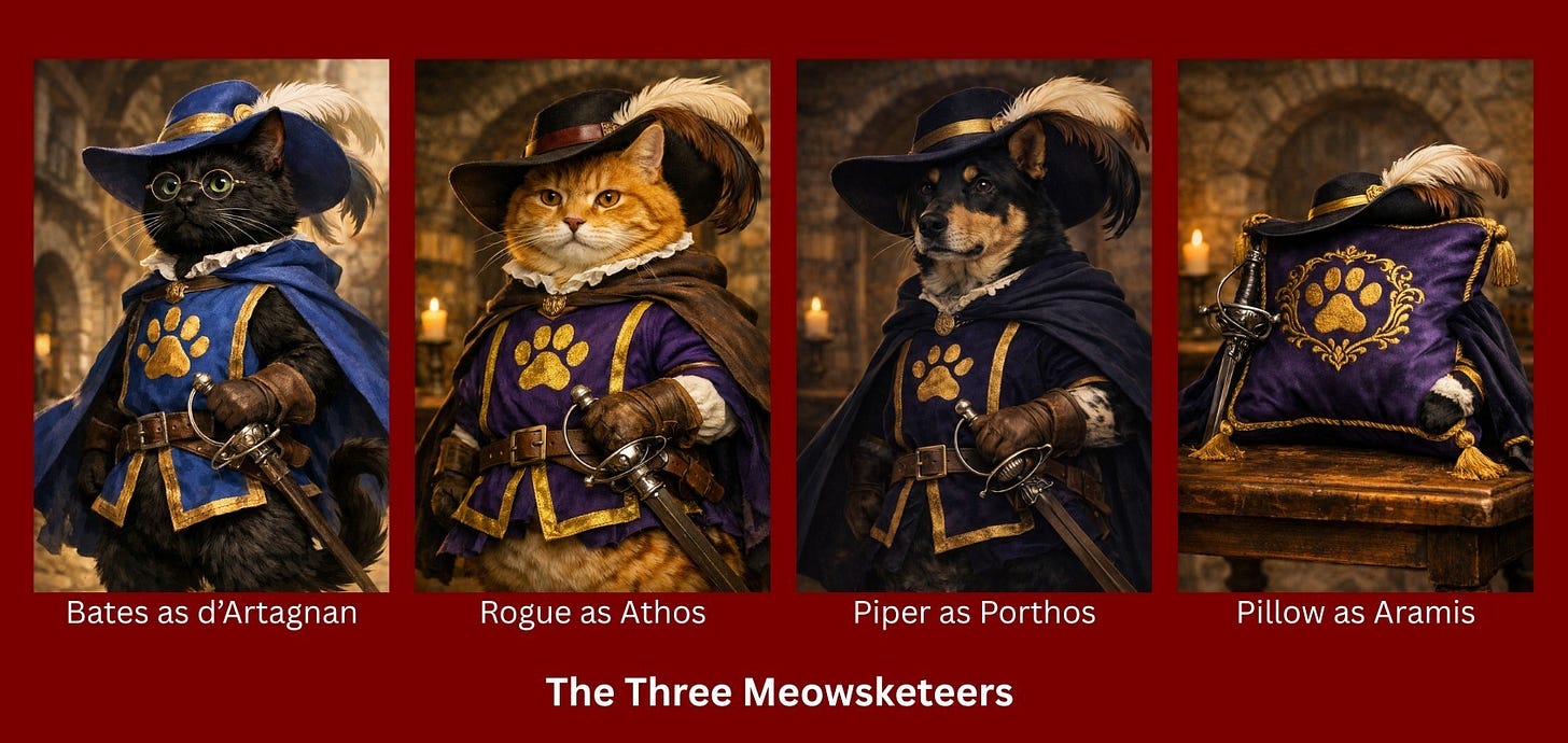 2 cats, a dog, and a pillow dressed as The Three Musketeers/Meowsketeers. Bates as d'Artagnan dressed in blue. Rogue as Athos dressed in Purple. Piper as Porthos dressed in dark Navy Blue. A Pillow as Aramis, in royal purple. Each character sports a golden paw print.