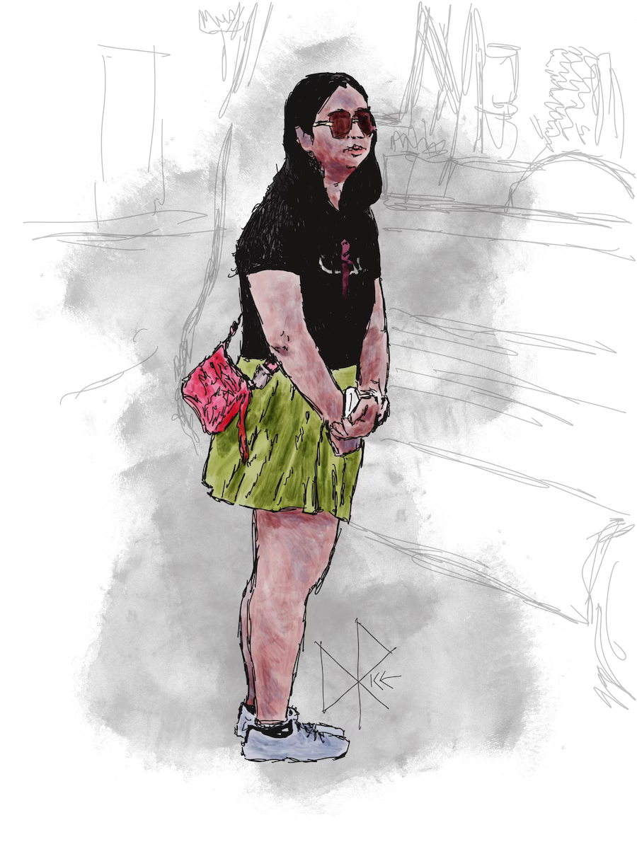 After placing her order at a food truck, a woman stands with her hands folded in front of her as the food is prepared. Sketch art by Don Rice. After placing her order at a food truck, a woman stands with her hands folded in front of her as the food is prepared. Sketch art by Don Rice.