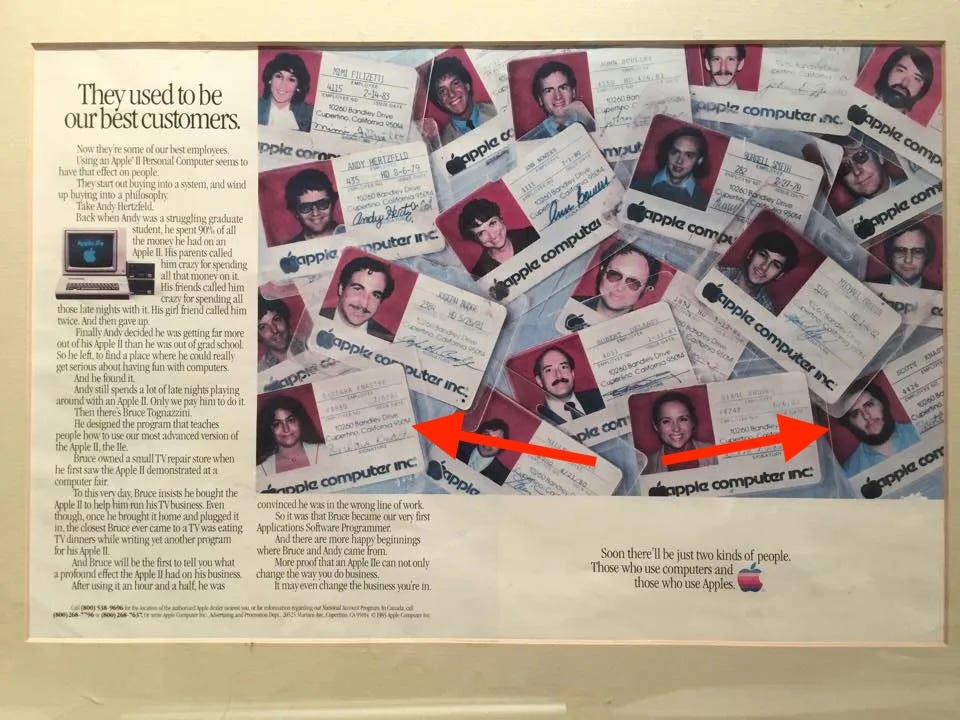 Image of an Apple print ad with many employee badges including Scott Knaster and Barbara Knaster. See https://scottknaster.substack.com/p/we-need-some-stinking-apple-badges for the full story.