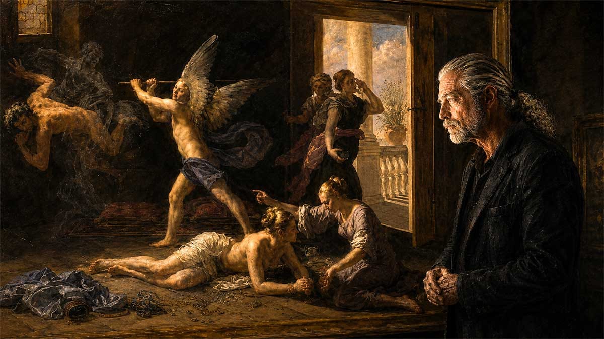 Watercolor-and-oil image of an older white-haired man, Rick Horowitz, with a ponytail standing in a dark museum gallery, studying a Baroque painting inspired by Cagnacci’s Martha Rebuking Mary for Her Vanity. The painting shows Mary and Martha in the foreground, an angel striking a devil, and a ghostly x-ray-like underlayer revealing an earlier version beneath the final surface.