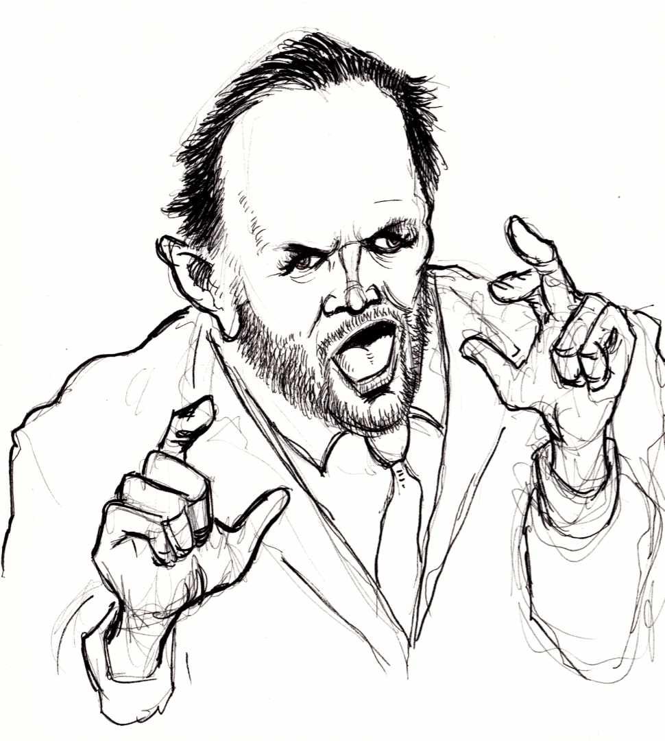 Ink sketch of Jd Vance scrabbling around giving a speech.