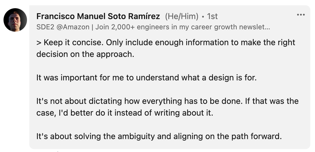 Fran explains the purpose of the design doc is to focus on the decision of the approach to take, not all the details Fran explains the purpose of the design doc is to focus on the decision of the approach to take, not all the details