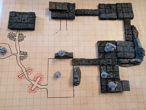 3 photos of dungeon tiles, walls, stairs, and miniatures. 1 showing all the pieces laid out, 1 showing a sample map, and 1 showing a dynamic combat on the tiles.