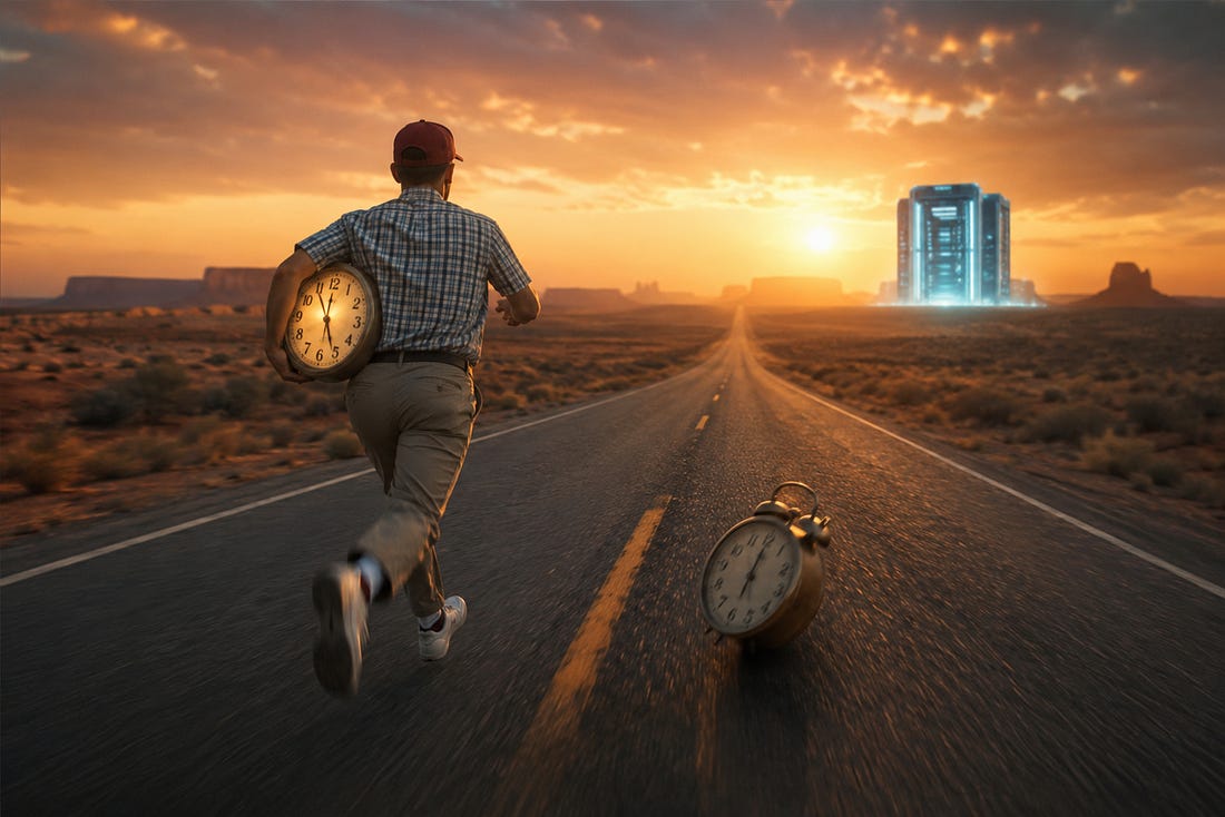 Founder running down an endless highway with clocks, chasing a glowing AI server on the horizon. Founder running down an endless highway with clocks, chasing a glowing AI server on the horizon.