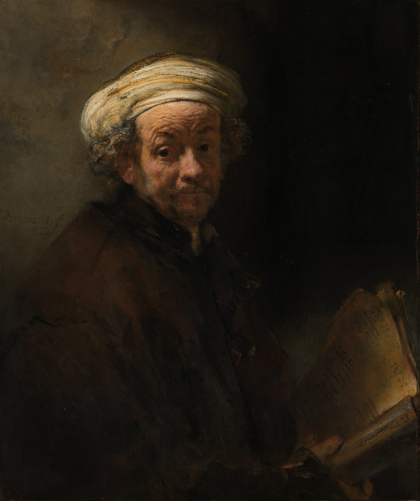Rembrandt's late self portrait as the Apostle Paul, holding a book and sword hilt Rembrandt's late self portrait as the Apostle Paul, holding a book and sword hilt