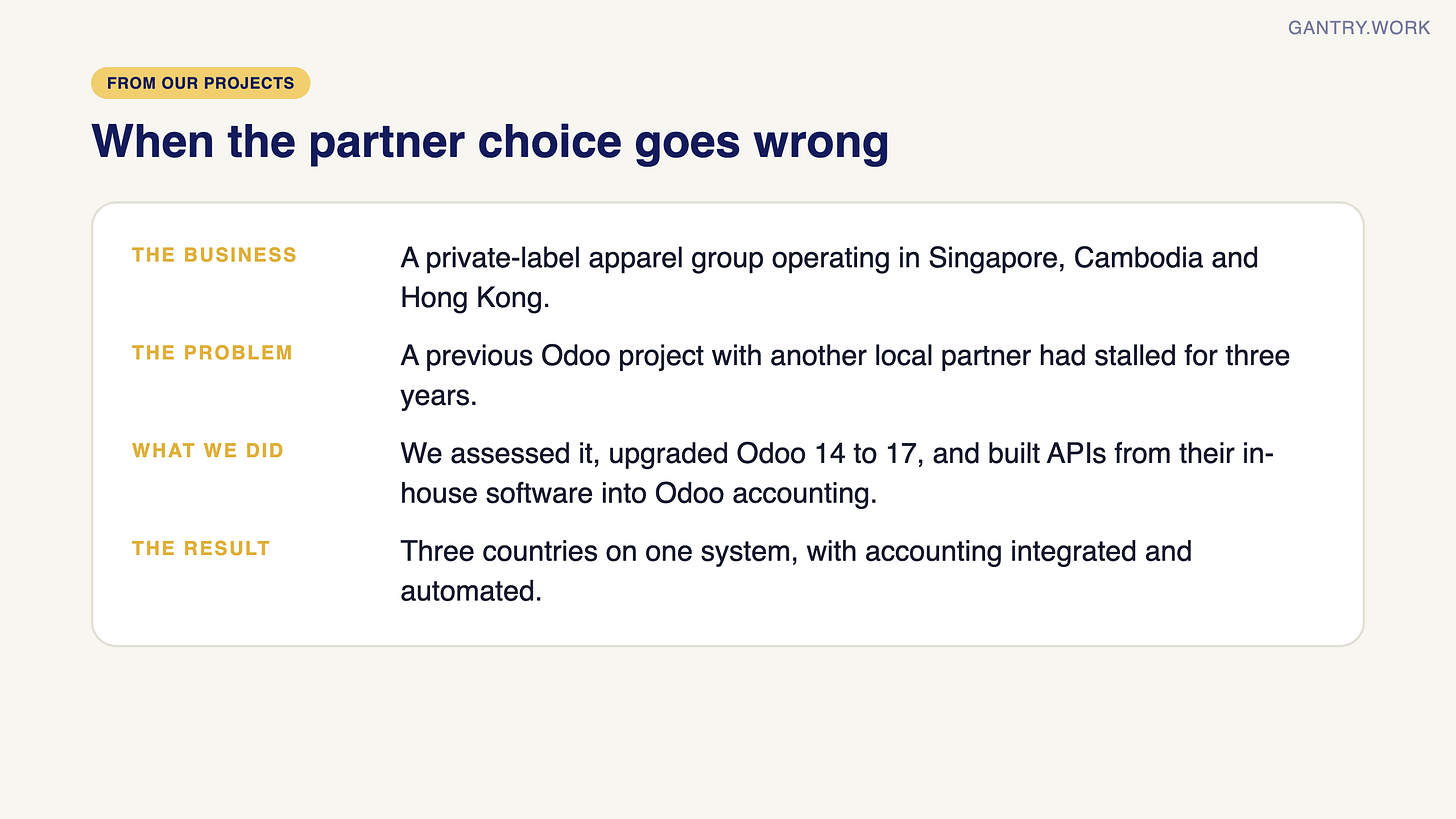 Case card: a private-label apparel group in Singapore, Cambodia and Hong Kong whose previous Odoo project with another partner stalled for three years; upgraded from Odoo 14 to 17 with APIs into accounting; three countries now on one system Case card: a private-label apparel group in Singapore, Cambodia and Hong Kong whose previous Odoo project with another partner stalled for three years; upgraded from Odoo 14 to 17 with APIs into accounting; three countries now on one system