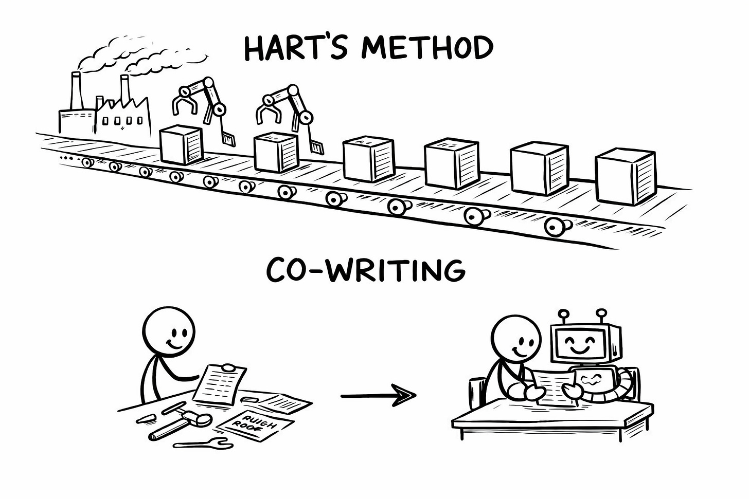 Hand-drawn comparison showing “HART’S METHOD” as a factory assembly line producing interchangeable books on a conveyor belt, contrasted with “CO-WRITING” as a workshop desk with tools, rough drafts, and a stick figure collaborating with a small robot.