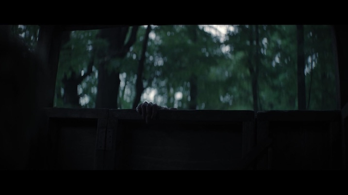 Forest encounter in Wolf Man — A clawed hand gripping the edge of a wooden structure with dense green forest in the background.