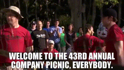 YARN | Welcome to the 43rd Annual Company Picnic, everybody. | The Office  (2005) - S05E26 Company Picnic | Video gifs by quotes | 937bb6ea | 紗
