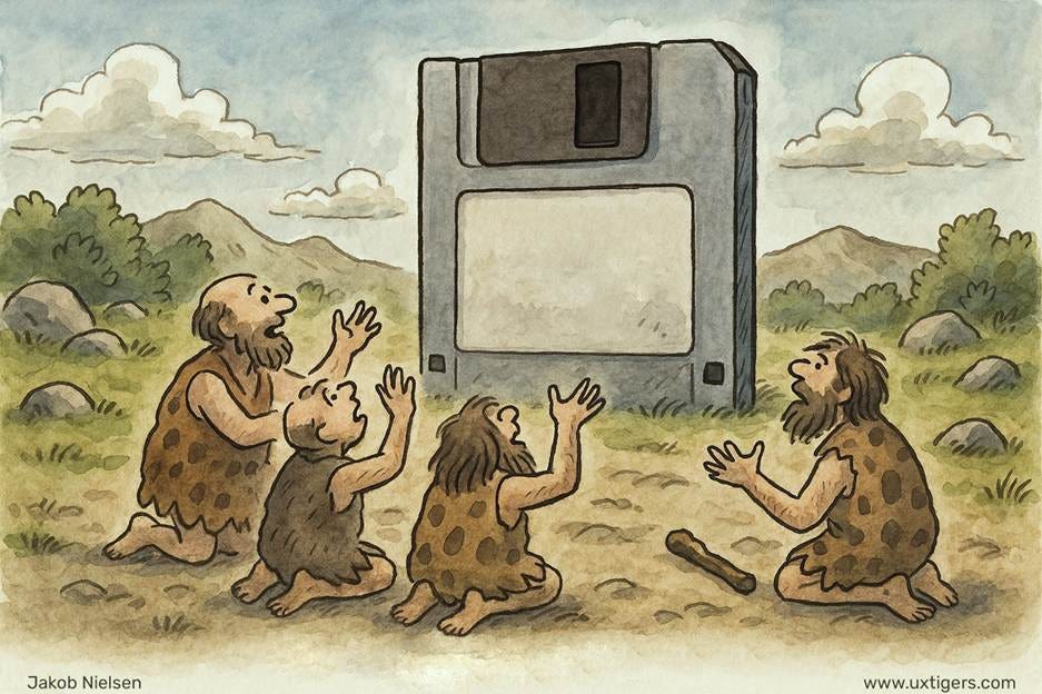 Cartoon of cavemen kneeling in front of a floppy disk

AI-generated content may be incorrect.