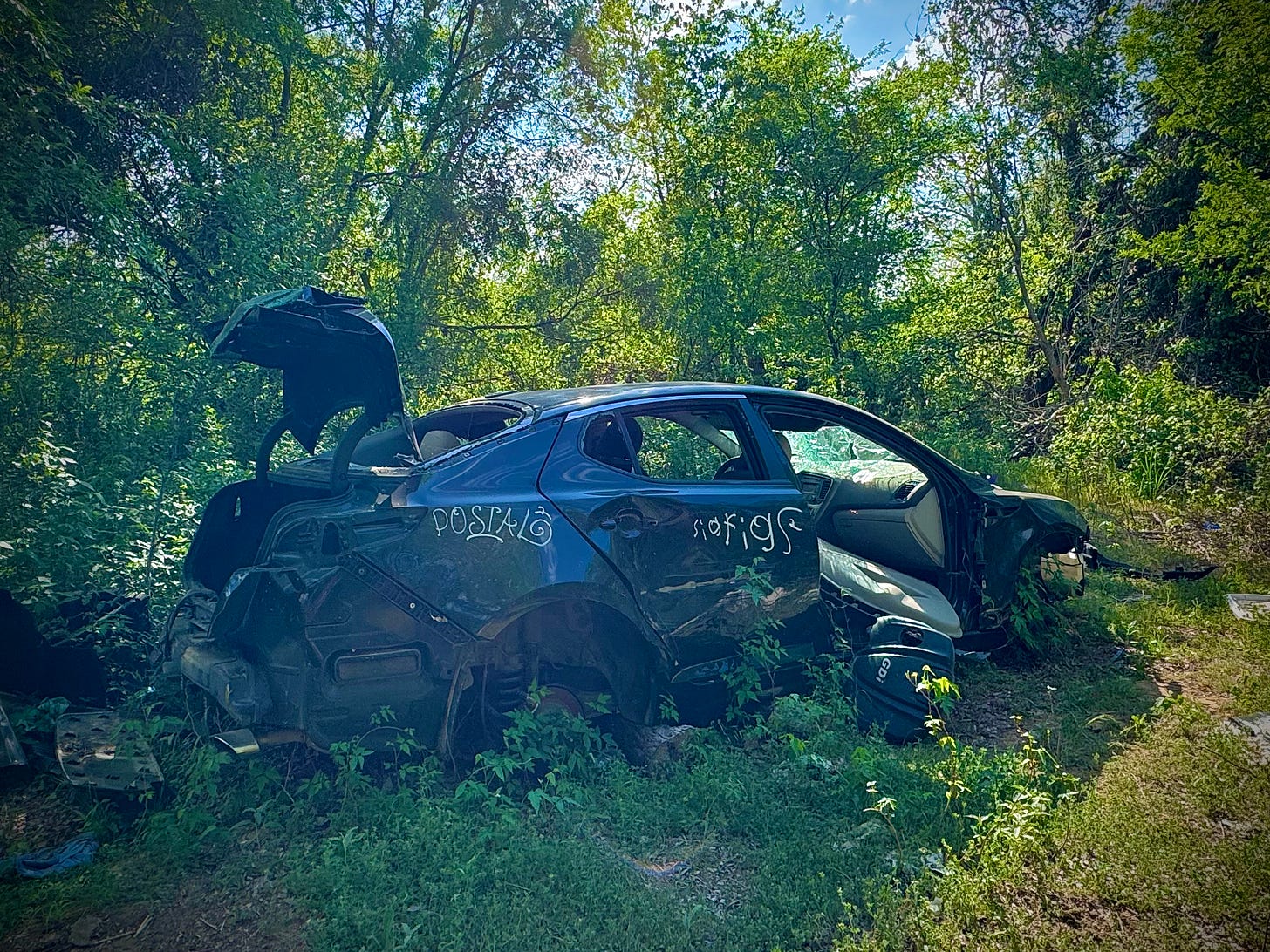 Vandalized and graffitied Tesla sedan in woods Vandalized and graffitied Tesla sedan in woods