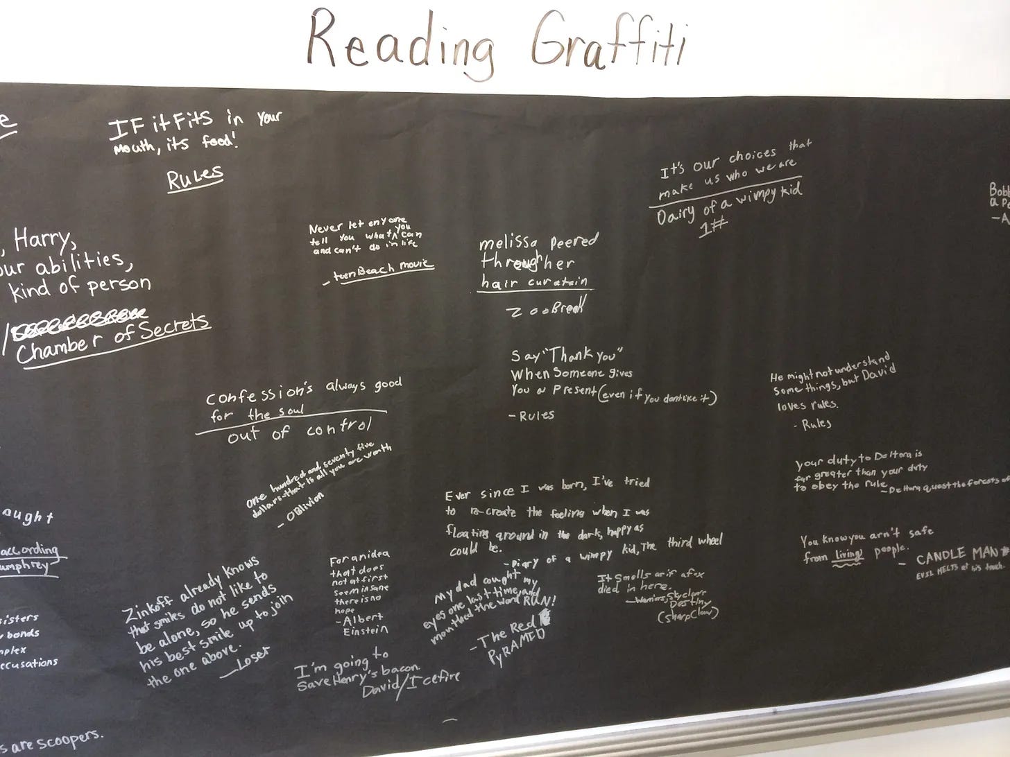 Image: A reading graffiti board with black butcher paper and metallic silver markers Image: A reading graffiti board with black butcher paper and metallic silver markers