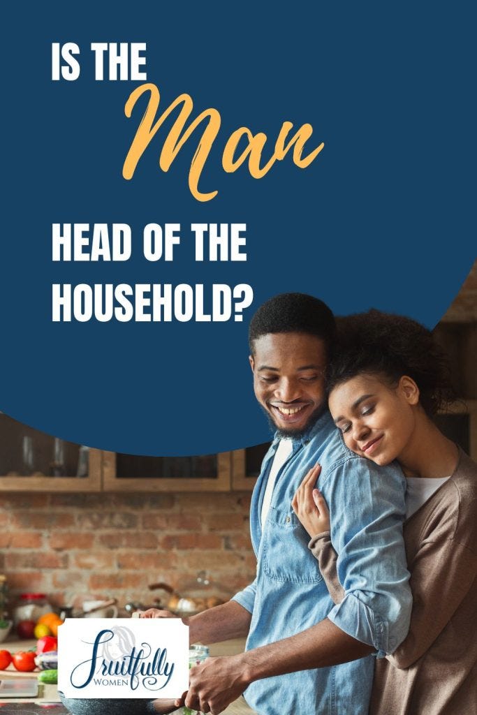 An image for pinterest, with a man cooking and woman hugging him and the words, "Is the man the head of the household?" An image for pinterest, with a man cooking and woman hugging him and the words, "Is the man the head of the household?"