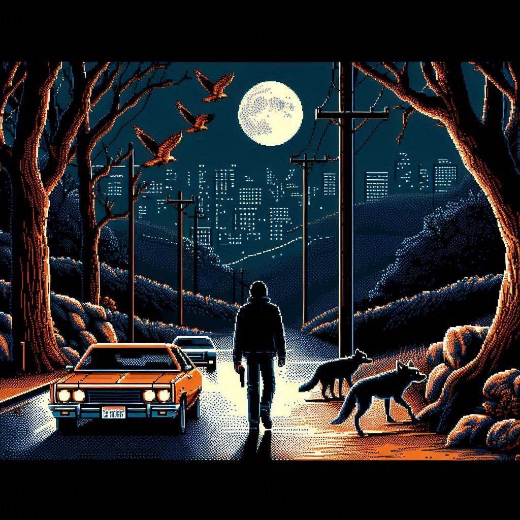 snk neo geo style 8-bit rendering of a grim scene of beachwood canyon in los angeles at night with coyotes circling in the distance and a lone wandering figure in dark clothing