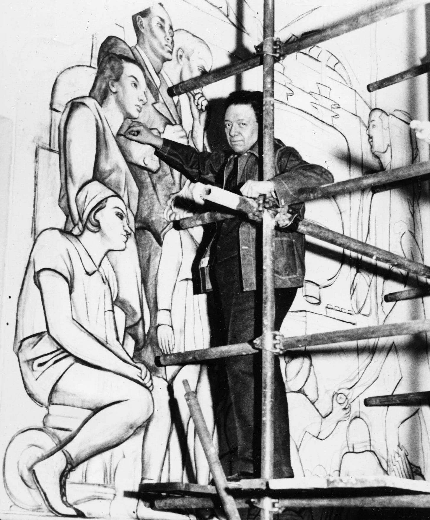 Diego Rivera working on scaffolding on an unfinished mural in 1933 Diego Rivera working on scaffolding on an unfinished mural in 1933