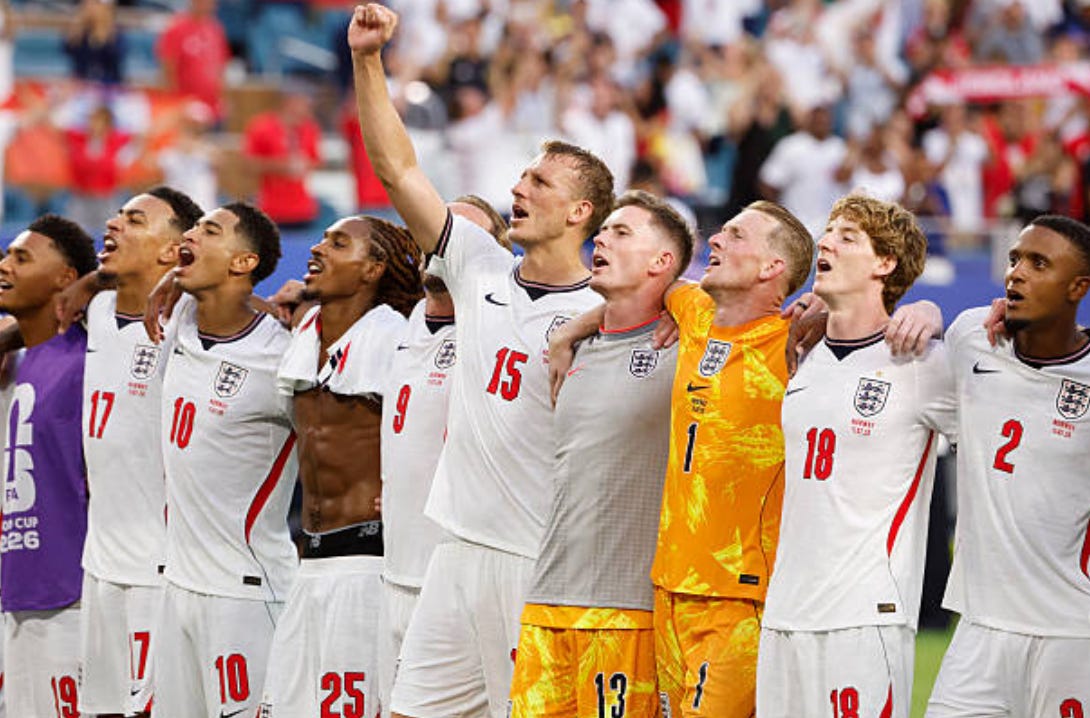 Ollie Watkins #19, Morgan Rogers #17, Jude Bellingham #10, Djed Spence #25, Harry Kane, Dan Burn #15, Dean Henderson #13, Jordan Pickford #1, Anthony Gordon #18, Ezri Konsa #2 of England celebrate the victory following the FIFA World Cup 2026 Quarter Final football match between Norway and England at Miami Stadium on July 11, 2026 in Miami Gardens, Florida. (Photo by Jean Catuffe/Getty Images) Ollie Watkins #19, Morgan Rogers #17, Jude Bellingham #10, Djed Spence #25, Harry Kane, Dan Burn #15, Dean Henderson #13, Jordan Pickford #1, Anthony Gordon #18, Ezri Konsa #2 of England celebrate the victory following the FIFA World Cup 2026 Quarter Final football match between Norway and England at Miami Stadium on July 11, 2026 in Miami Gardens, Florida. (Photo by Jean Catuffe/Getty Images)