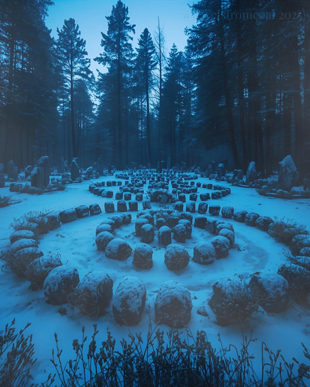 A wide view of a snowy forest at dusk, with tall pine trees rising into a deep blue sky. In the clearing, dozens of round stones form large concentric circles, lightly dusted with snow. The stones resemble an ancient ritual site, quiet and eerie, as if holding unspoken history.