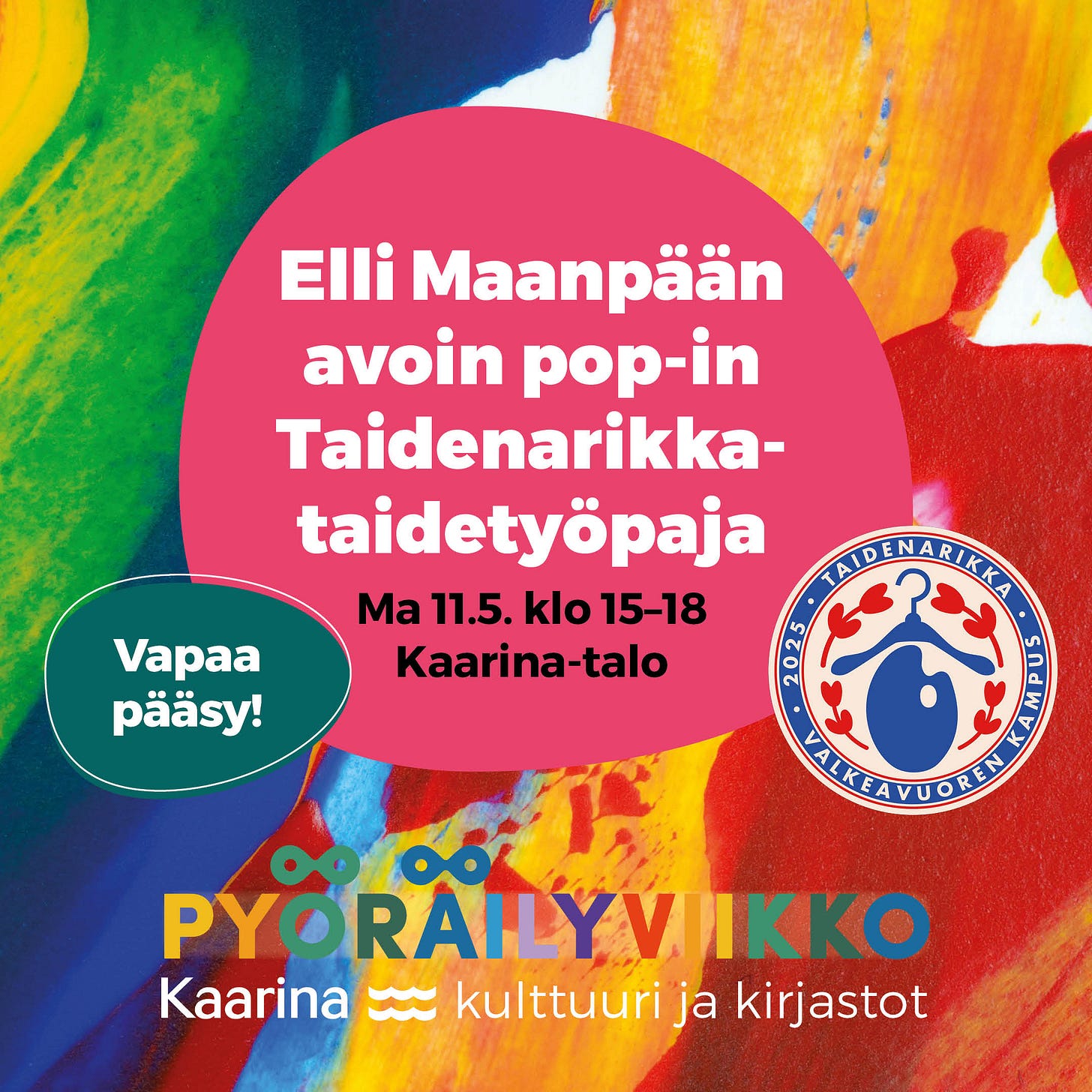Tapahtumajuliste: Kutsu DIY Taidenarikka -työpajaan maanantaina 11.5. klo 15–18 Kaarina-talolla. Ohjelmassa omien kierrätysesineiden tuunausta taiteilija Elli Maanpään ohjauksessa.